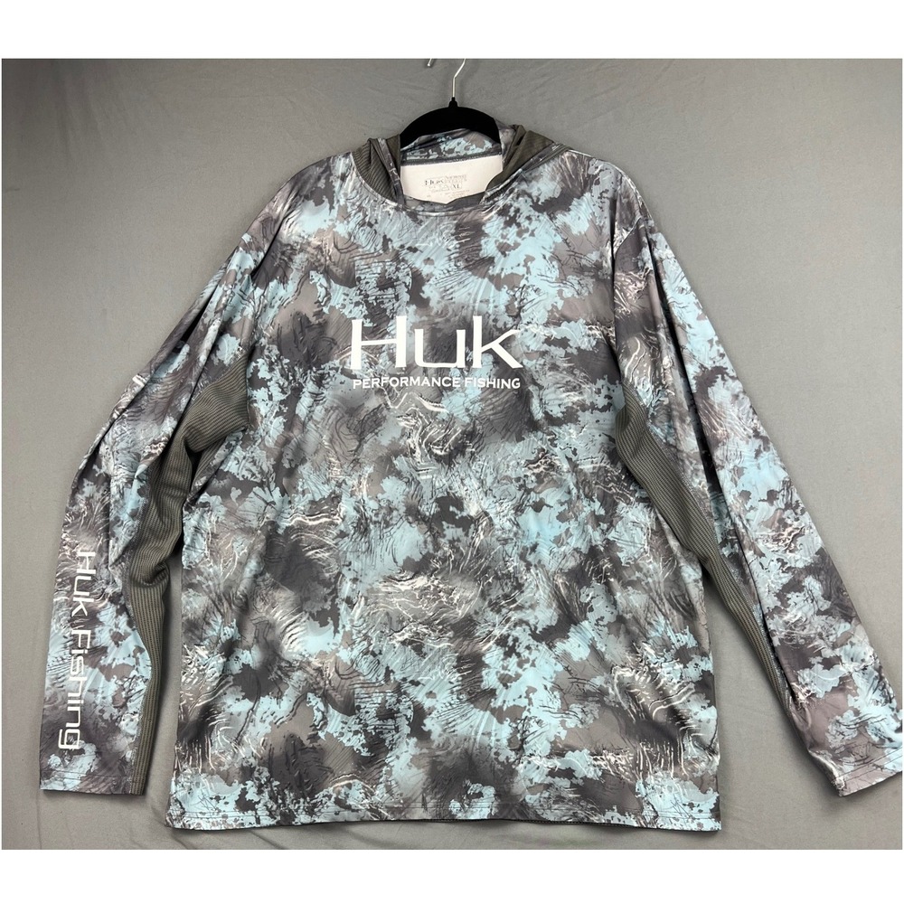 Huk Performance Fishing Hoodie Mens XL Blue Grey Camo Sun Shirt Gaiter Mask Fair